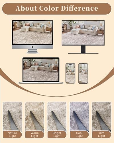 Madane Washable Round Rug 9ft for Living Room, Soft Neutral Rug Brown/Sand - Image 5