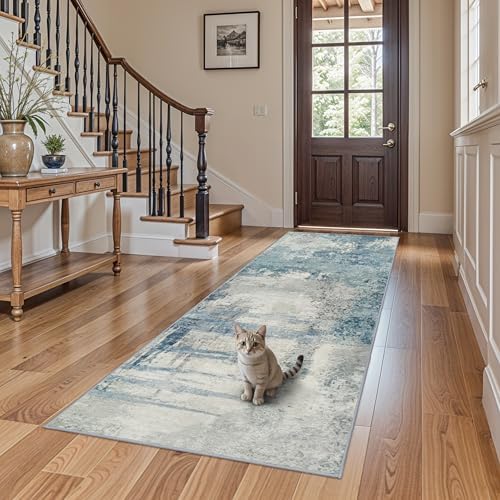 Blue Abstract 3x8 Washable Runner:Non Slip Hallway Runner Rug - Image 3