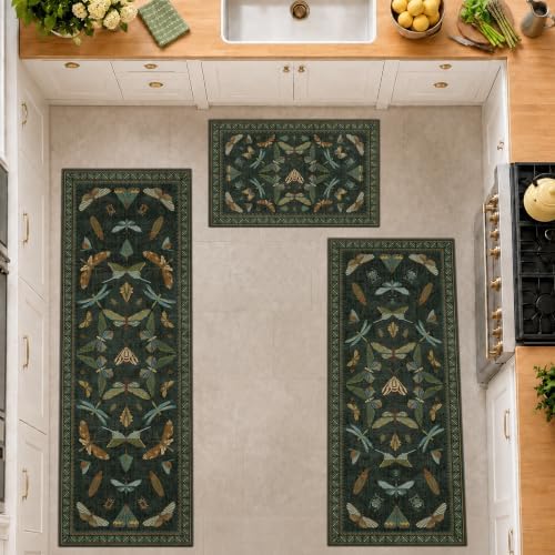 JTJ Kitchen Rugs Set of 3, Dark Green Vintage Insect - Image 3