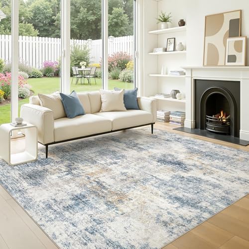 7x9 Area Rugs for Living Room Washable Abstract Rug Blue/Beige by Natunest