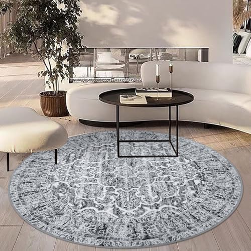 KUTA Vintage Round Rugs 5ft Grey Blue White Washable Circle Rug 5x5 - Image 3
