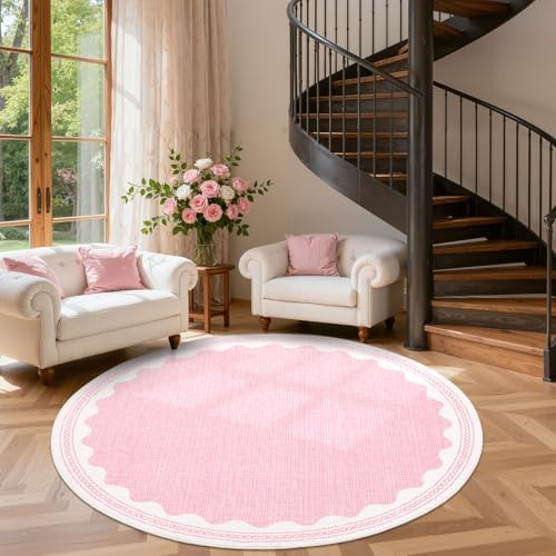 GarveeHome Scalloped Edge Solid Pink 4ft Round Rug Circle Modern Minimalism - Image 3