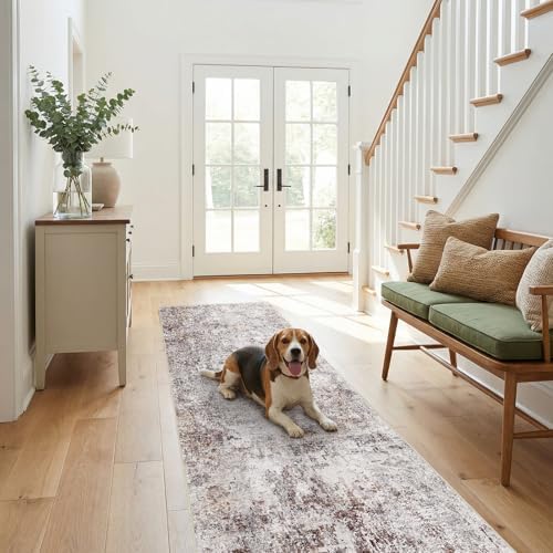 2x8 Washable Kitchen Runner Rug: Modern Abstract Low Pile Rugs BrickGray by Puino