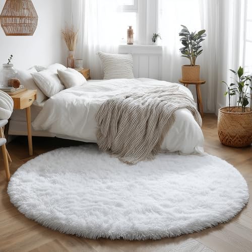 Amdrebio White Fuzzy Round Area Rug 5Ft - Image 3