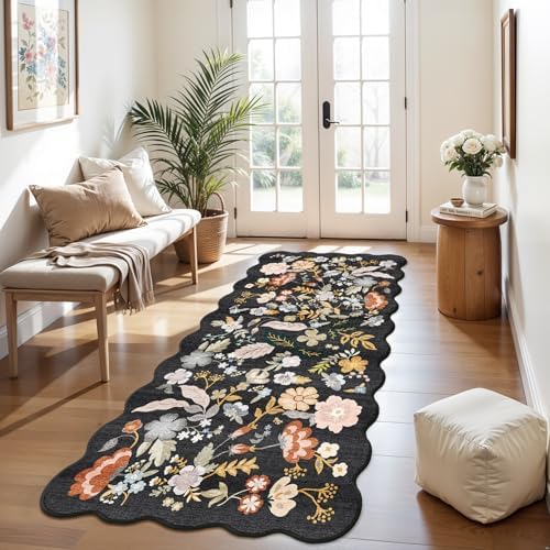 3x8 Floral Runner Rug for Hallway: Washable Wide Soft Carpet Runner Black - Image 6
