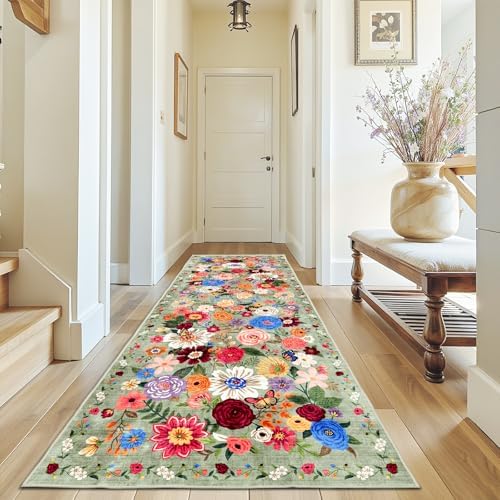 Green Floral Hallway Runner Rug 3x7 by WelcometoBabovid