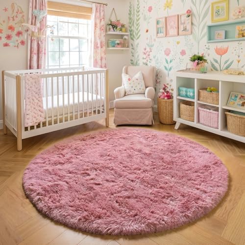Amdrebio Blush Pink Big Round Fluffy Rug 7Ft - Image 6