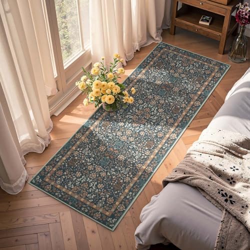 jinchan 2x5 Washable Hallway Runner Rug, Floral Non-Slip, Dark Blue - Image 3