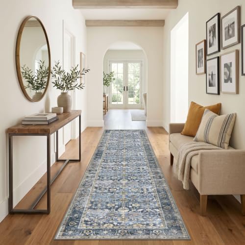 KUTA Vintage Washable Runner Rug 3x14 Hallway Runners Blue Grey Beige - Image 3
