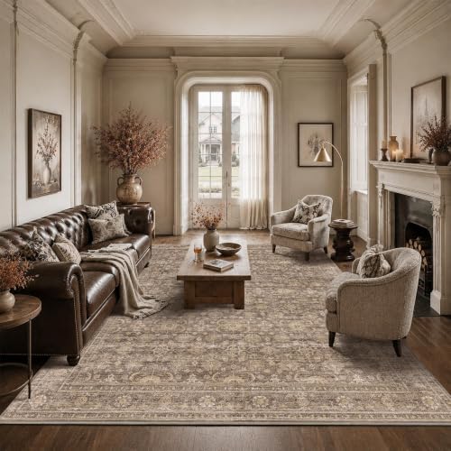 JOOJA 8x10 Neutral Tan Vintage Soft Low Pile Boho Washable Large Area Rug by JOOJA