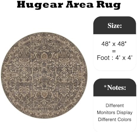 HUGEAR 4ft Brown Vintage Floral Washable Round Rug - Image 2