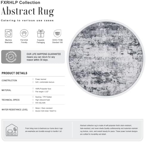 Round Area Rug Living Room: 6 ft Modern Washable Carpet Grey - Image 2