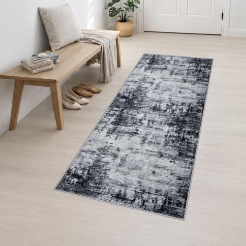 2.6x8 Washable Runner Rug：Modern Abstract Soft Carpet Dark Black - Image 3