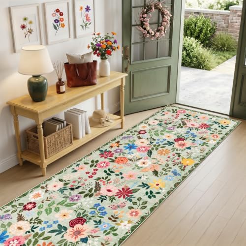 PLHXFR 2.6x14 Washable Runner Rug：Floral Indoor Kitchen Soft Carpet Green - Image 2
