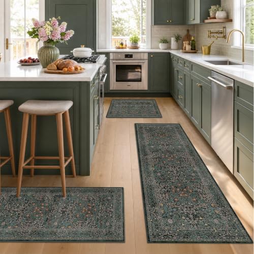 Black Green Kitchen Rug Set of 3, Washable Non-Slip Mats - Image 3
