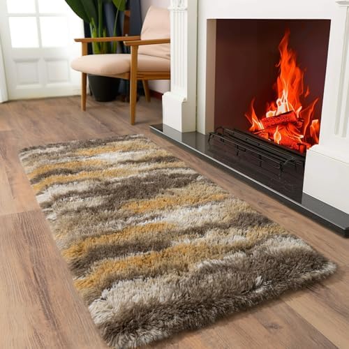 Soft Runner Rugs for Bedroom Hallways, 2x4 Abstract Brown Fluffy Shag Throw - Image 3