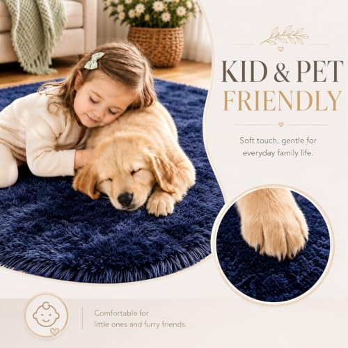 2x3 Dark Blue Fluffy Area Rug for Bedroom and Bedside, Washable Soft Shag Carpet - Image 5