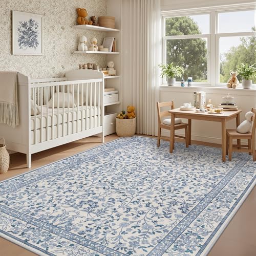 6x9 Area Rug Living Room: Soft Floral Washable Boho Carpet Blue - Image 4
