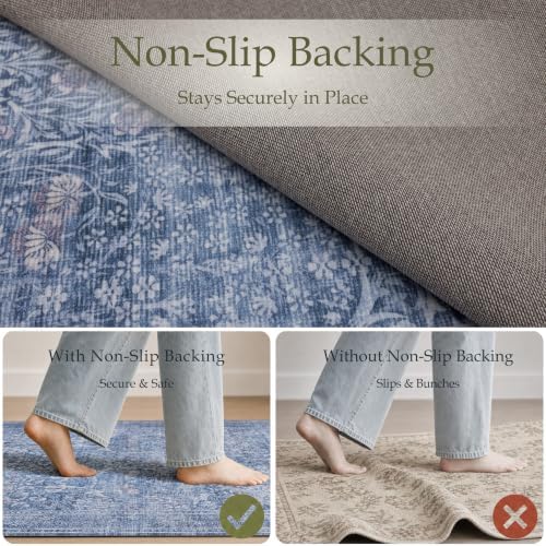 JOLLYVOGUE Entryway Rug, 2x3 Washable Vintage Floral Rug, Dusk Blue - Image 3