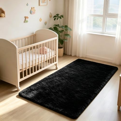 3x5 Black Fluffy Area Rug for Bedroom and Living Room, Washable Soft Shag Carpet - Image 3