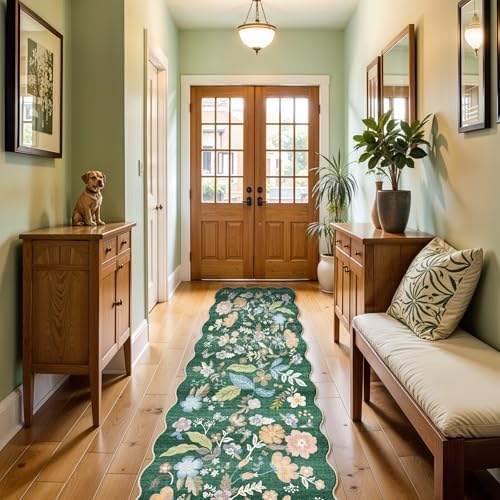 2x10 Washable Hallway Runner Rug: Scalloped Floral Long Kitchen Rugs Green - Image 7