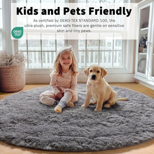 ONASAR Grey Round Area Rugs 5ft, Fluffy Plush Shaggy Carpet - Image 5