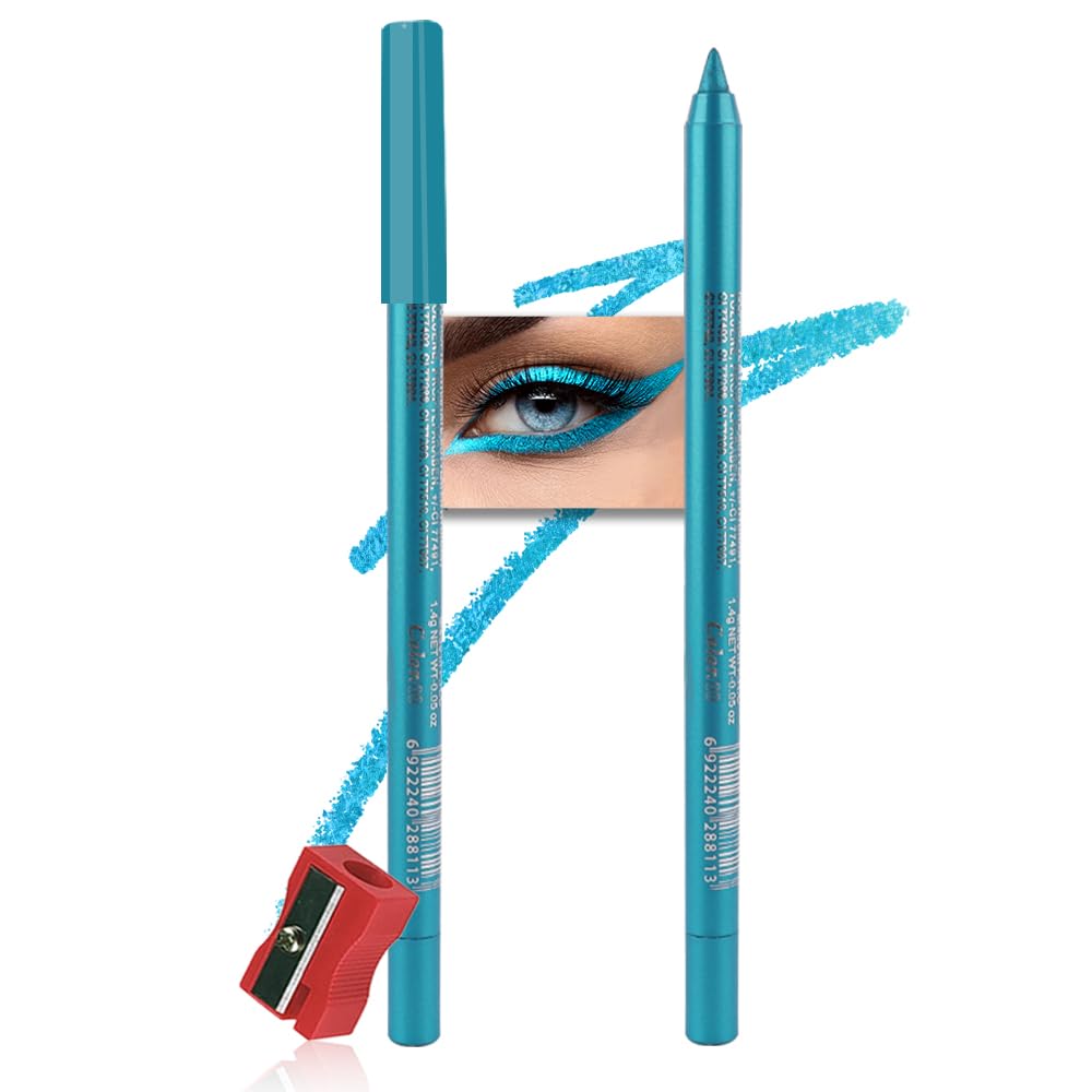 evpct Blue Glitter Eyeliner Pencil for Eyes, Navy Sky Blue Metallic Shimmer Eye Liner Pencil Makeup Waterproof Smudge Proof, Colored Gel Waterline Eyeliner, Face Eye Paint Stick Halloween Makeup 09