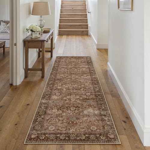 HUGEAR 2x6 Brick Red Vintage Floral Washable Runner Rug by HUGEAR