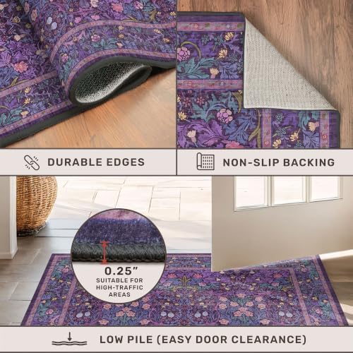 Machine Washable Dark Plum Purple Area Rug 8x10 Vintage Botanical Pattern - Image 5