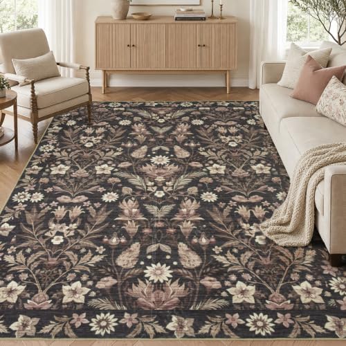 Black Boho Floral Rug 9x12, Washable Area Rugs by TerradWafs
