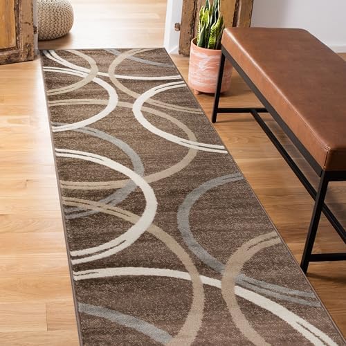 Rugshop Wavy Circles Modern Fade-Resistant Runner Rug Brown 2' x 10' by Rugshop