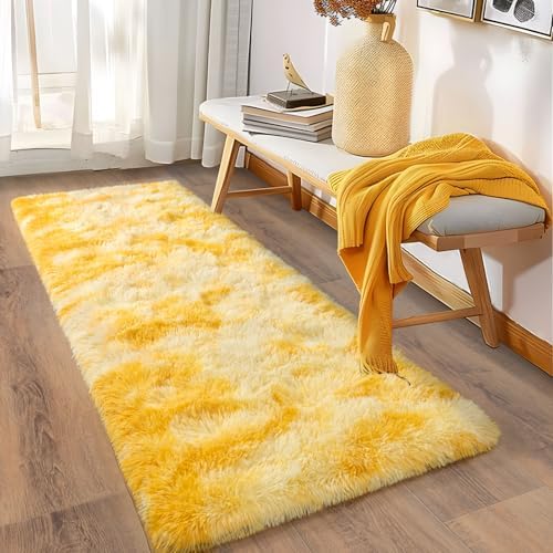 Soft Runner Rugs for Bedroom Hallways, 2x6 Tie-Dyed Yellow Fluffy Shag Throw - Image 6
