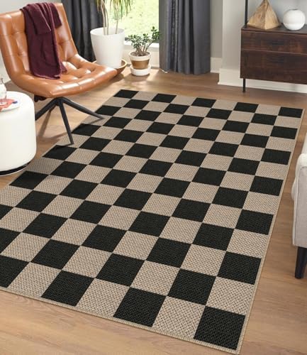 Rugalia Easy Jute Checkered Area Rug, 4x6 Black Small Outdoor Patio Rug by Rugalia