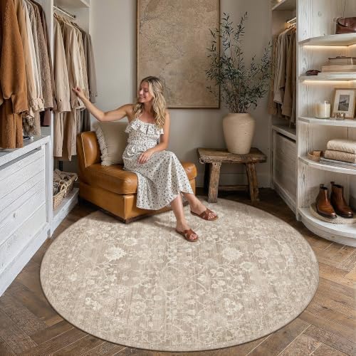 HUGEAR 6x6 Beige Neutral Round Rugs Washable Rug Carpet - Image 2
