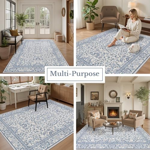 10x12 Area Rug Living Room: Soft Floral Washable Carpet Blue - Image 5