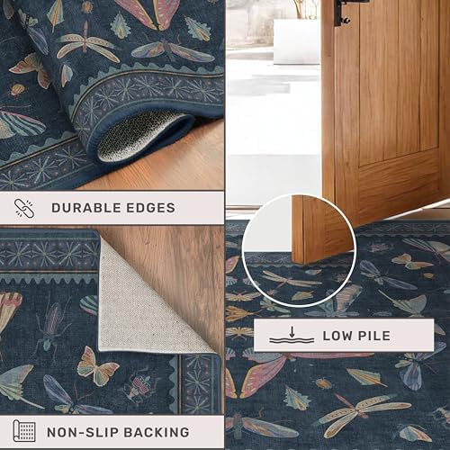 Vintage Dark Blue Insect Moth Runner Rug 3x8, Non Slip Washable Carpet - Image 4