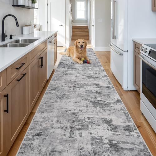 Washable Hallway Abstract Runners 2'6 x 14: Non Slip Runner Rug Black Grey - Image 2
