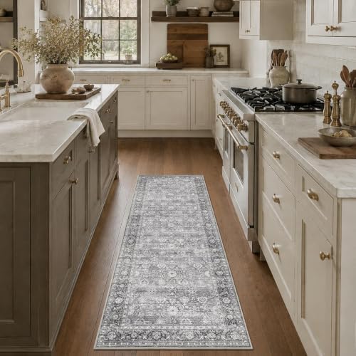 JOOJA 2x6 Grey Vintage Soft Low Pile Non Slip Washable Boho Runner Rug by JOOJA