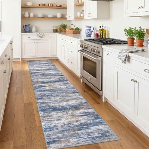 KOZYFLY Modern Runner Rugs for Hallway 2x10 Washable Kitchen Runner Blue - Image 2