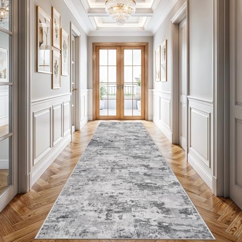 Abstract Washable Hallway Runner 2'6 x 12: Non Slip Runner Rug Black Grey by HILORUUG