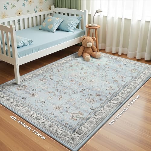 Light Blue Washable Boho Area Rug - Image 2