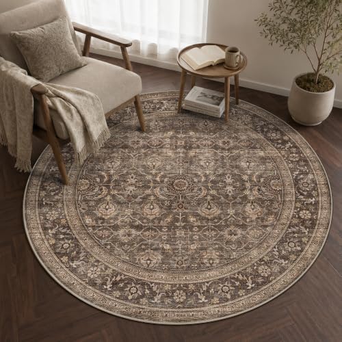 JOOJA 4x4 Dark Brown Vintage Low Pile Washable Boho Small Round Kitchen Rug by JOOJA