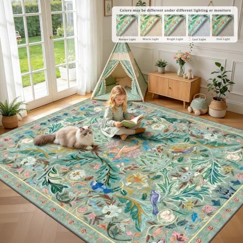 nesrt 9x12Ft Washable Living Room Area Rug, Boho Jungle Bird Floral Large - Image 6