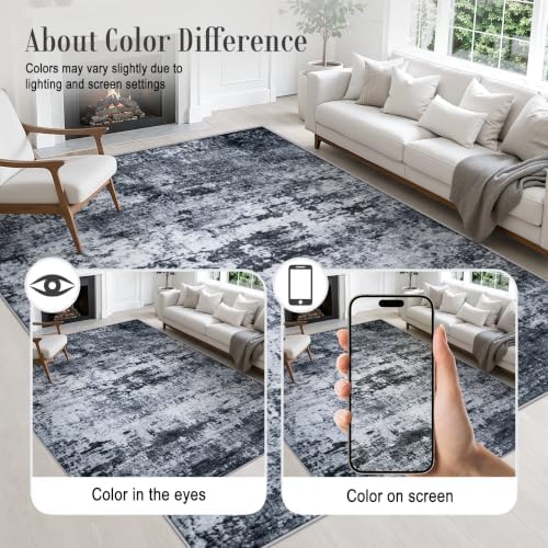 Round Area Rug Living Room: 8 ft Modern Washable Carpet Black - Image 6