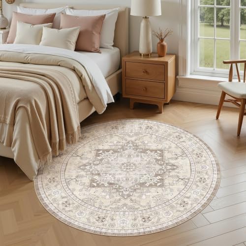 Washable Area Rug-8X8 Vintage Neutral Soft Brown - Image 3