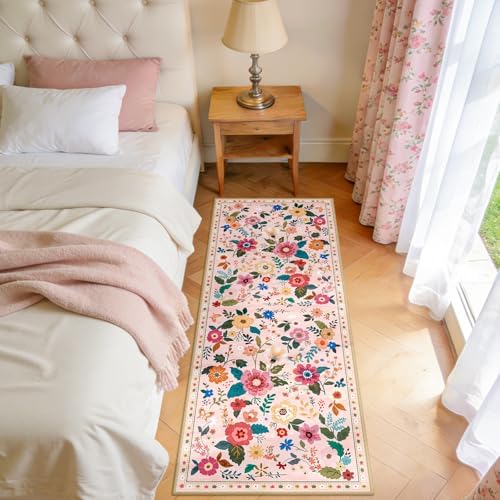 Floral Washable 2x5 Area Rugs Runner Entryway Hallway Pink - Image 3