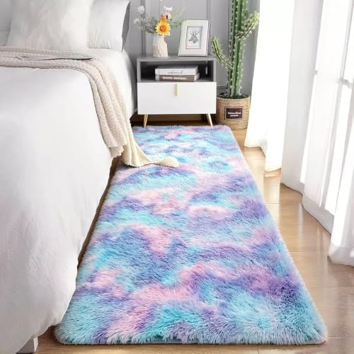 2x6 Blue Rainbow Fluffy Runner Rug - Image 4