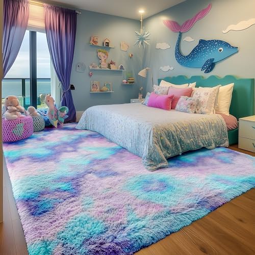 Plush Rainbow Purple Mermaid Area Rugs - Image 7