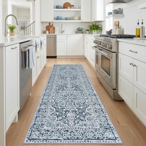 KUTA Vintage Washable Runner Rug 3x9 Blue White Wide Runners - Image 2