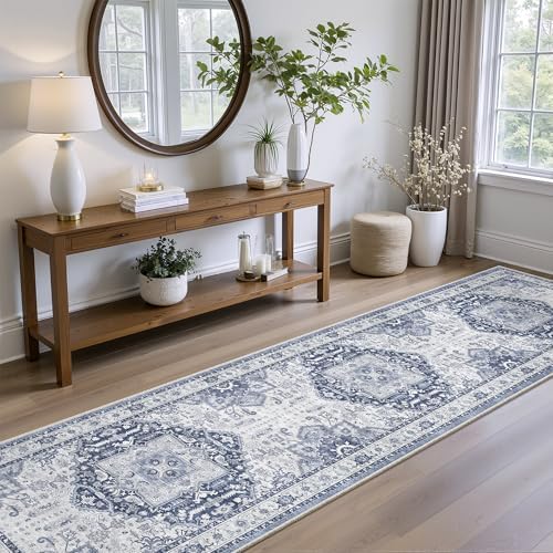 Hallway Washable 2.6x10 Runner Rug, Non Slip Vintage Kitchen Rugs Navy/Blue - Image 3